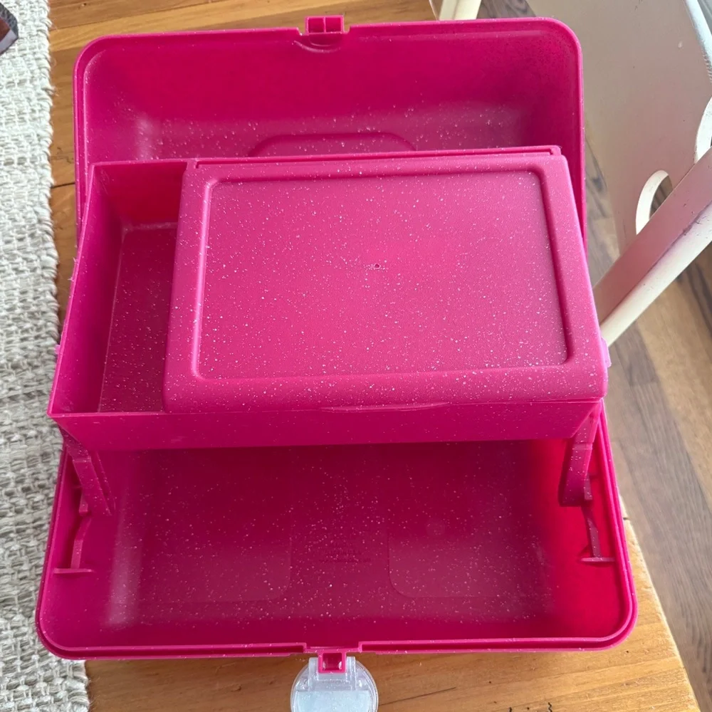 Caboodles Sparkly Hot Pink w/Silver Sparkle Make Up Jewelry Case Organizer VTG